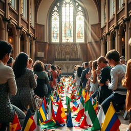 A serene and respectful scene inside a beautiful church, with a group of diverse people on their knees in prayer, their expressions conveying deep devotion and tranquility