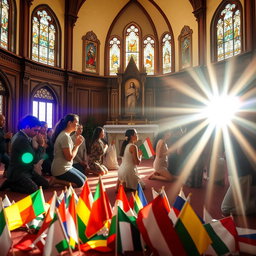 A serene and respectful scene inside a beautiful church, with a group of diverse people on their knees in prayer, their expressions conveying deep devotion and tranquility