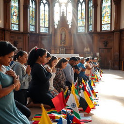 A serene and respectful scene inside a beautiful church, with a group of diverse people on their knees in prayer, their expressions conveying deep devotion and tranquility