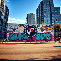 A vibrant and colorful scene featuring a modern urban environment with a striking wall covered in graffiti and a large, eye-catching logo