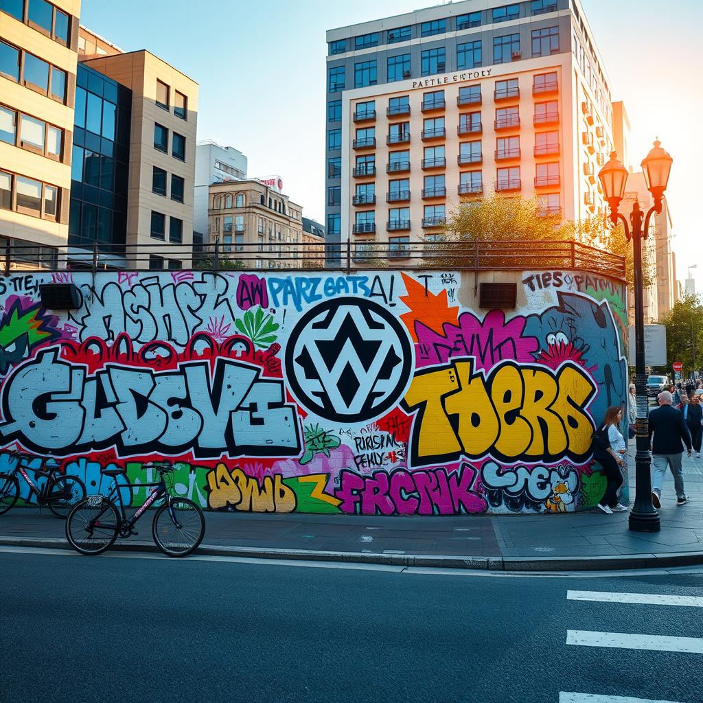 A vibrant and colorful scene featuring a modern urban environment with a striking wall covered in graffiti and a large, eye-catching logo