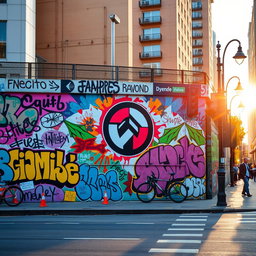 A vibrant and colorful scene featuring a modern urban environment with a striking wall covered in graffiti and a large, eye-catching logo