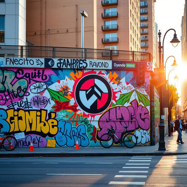 A vibrant and colorful scene featuring a modern urban environment with a striking wall covered in graffiti and a large, eye-catching logo