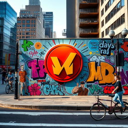 A vibrant and colorful scene featuring a modern urban environment with a striking wall covered in graffiti and a large, eye-catching logo