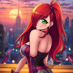 A voluptuous anime girl with striking red hair, styled in long, flowing locks that cascade down her shoulders