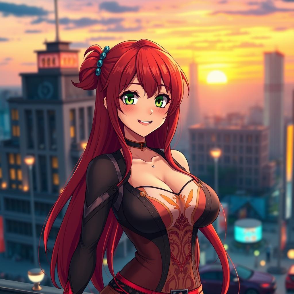 A voluptuous anime girl with striking red hair, styled in long, flowing locks that cascade down her shoulders