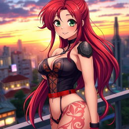 A voluptuous anime girl with striking red hair, styled in long, flowing locks that cascade down her shoulders