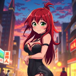 A voluptuous anime girl with striking red hair, styled in long, flowing locks that cascade down her shoulders