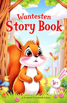 A whimsical storybook cover featuring a cute squirrel looking nervously at the sky, surrounded by a group of cheerful animal friends such as birds and rabbits