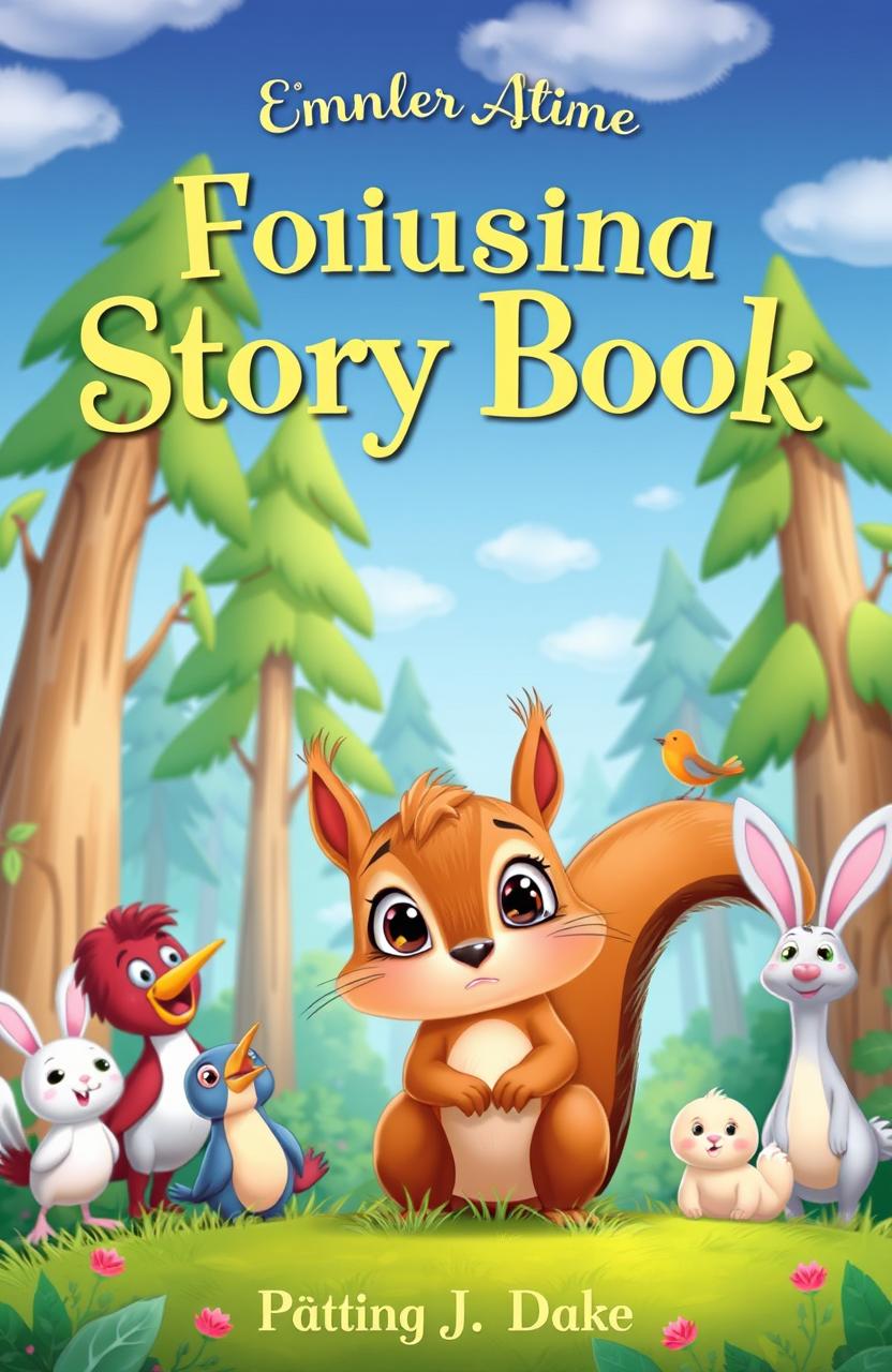 A whimsical storybook cover featuring a cute squirrel looking nervously at the sky, surrounded by a group of cheerful animal friends such as birds and rabbits