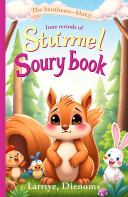 A whimsical storybook cover featuring a cute squirrel looking nervously at the sky, surrounded by a group of cheerful animal friends such as birds and rabbits