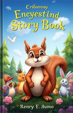 A whimsical storybook cover featuring a cute squirrel looking nervously at the sky, surrounded by a group of cheerful animal friends such as birds and rabbits