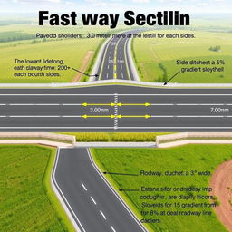 A detailed geometric design of a highway illustrating the following components: paved shoulders measuring 3