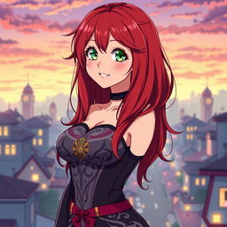 A full-body portrait of a voluptuous anime girl with striking red hair, styled in long, flowing locks that elegantly frame her face and shoulders