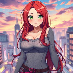 A full-body portrait of a voluptuous anime girl with striking red hair, styled in long, flowing locks that elegantly frame her face and shoulders
