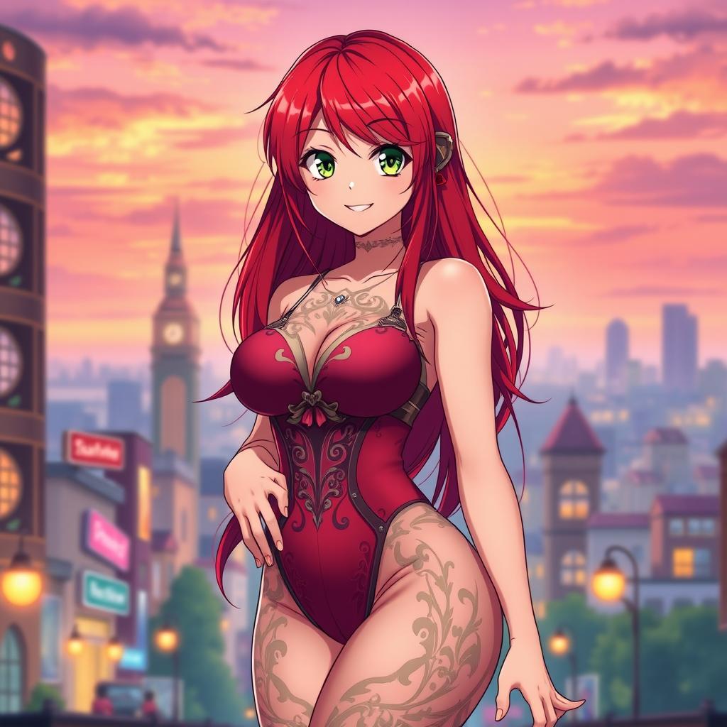 A full-body portrait of a voluptuous anime girl with striking red hair, styled in long, flowing locks that elegantly frame her face and shoulders