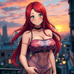 A full-body portrait of a voluptuous anime girl with striking red hair, styled in long, flowing locks that elegantly frame her face and shoulders