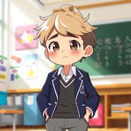 A clumsy, short male character with a comma hair hairstyle, wearing a school uniform