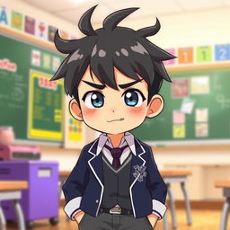 A clumsy, short male character with a comma hair hairstyle, wearing a school uniform