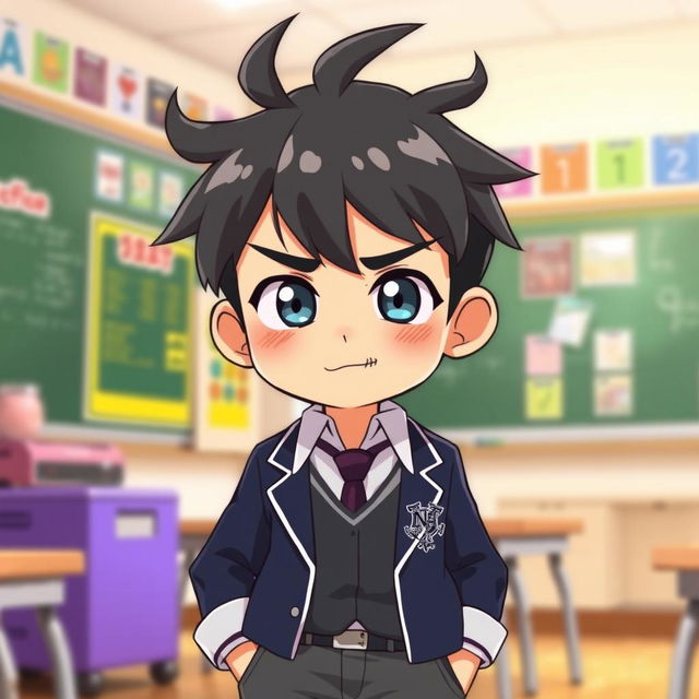 A clumsy, short male character with a comma hair hairstyle, wearing a school uniform