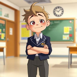 A clumsy, short male character with a comma hair hairstyle, wearing a school uniform