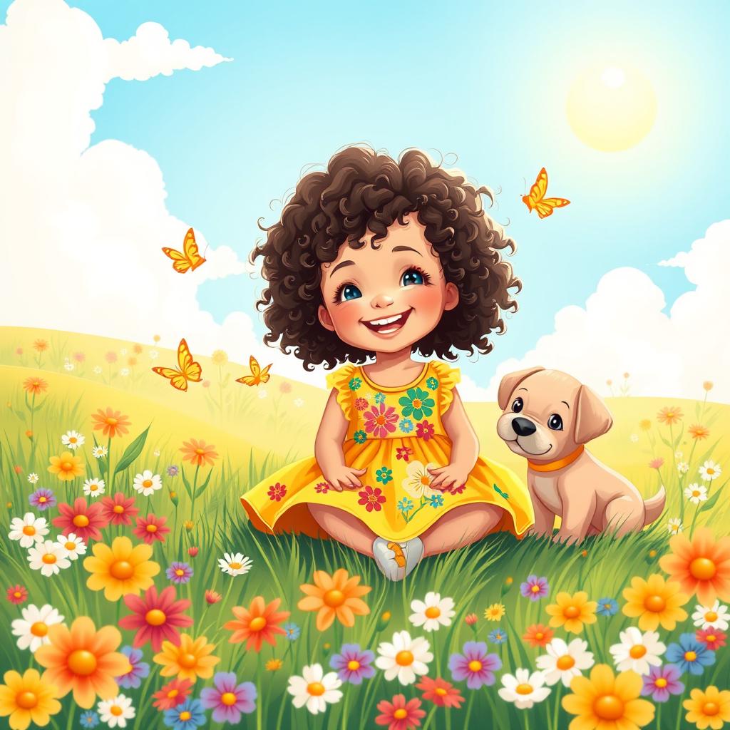 A beautiful illustration of a little girl with curly hair, wearing a bright yellow dress adorned with colorful flower patterns