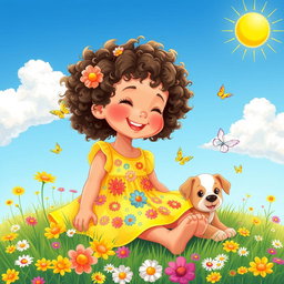 A beautiful illustration of a little girl with curly hair, wearing a bright yellow dress adorned with colorful flower patterns