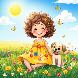 A beautiful illustration of a little girl with curly hair, wearing a bright yellow dress adorned with colorful flower patterns