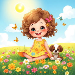 A beautiful illustration of a little girl with curly hair, wearing a bright yellow dress adorned with colorful flower patterns