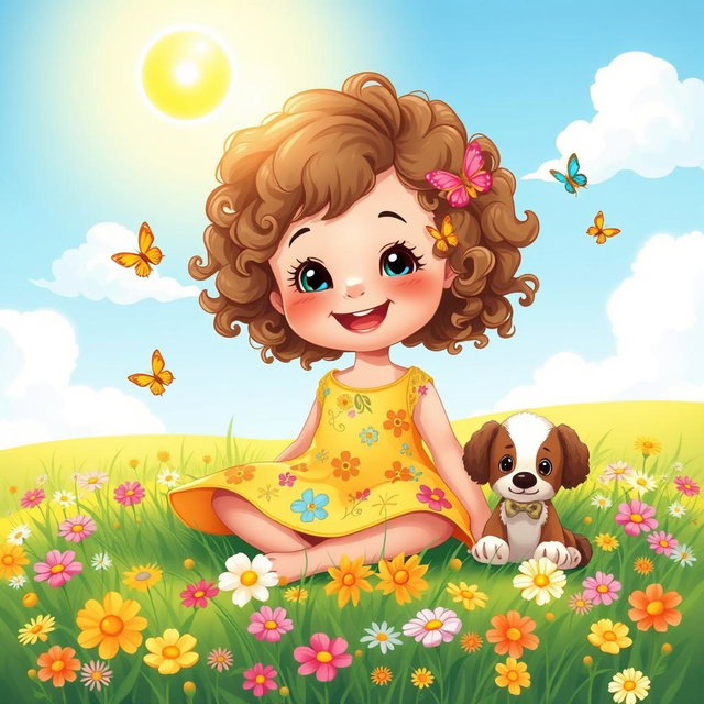 A beautiful illustration of a little girl with curly hair, wearing a bright yellow dress adorned with colorful flower patterns