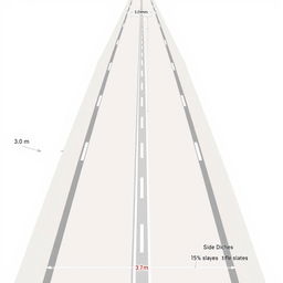 A detailed geometric design of a highway featuring both sides with a paved shoulder, each measuring 3