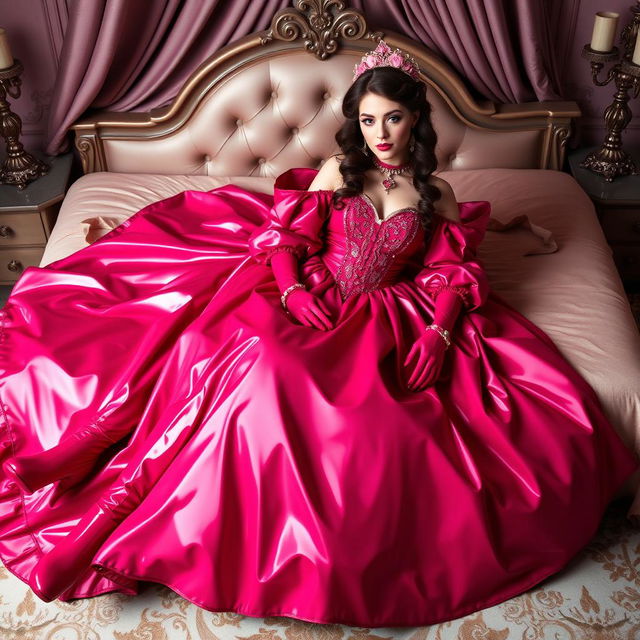 A stunning wide Victorian latex princess dressed in a magenta wedding gown, featuring an elaborate design with a wide petticoat that elegantly touches the floor