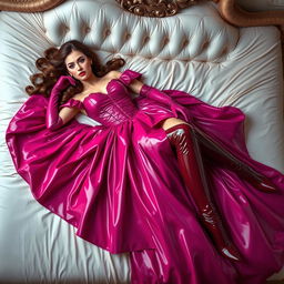 A stunning wide Victorian latex princess dressed in a magenta wedding gown, featuring an elaborate design with a wide petticoat that elegantly touches the floor