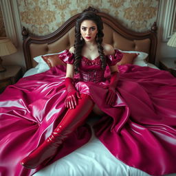 A stunning wide Victorian latex princess dressed in a magenta wedding gown, featuring an elaborate design with a wide petticoat that elegantly touches the floor