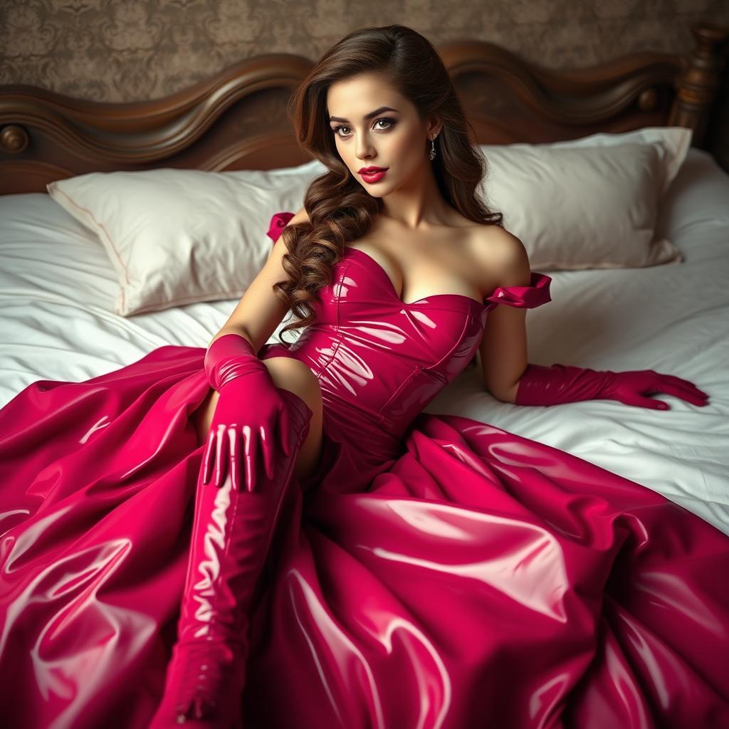 A beautiful latex princess in a stunning wide Victorian wedding gown made of rich magenta latex