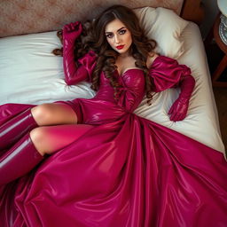 A beautiful latex princess in a stunning wide Victorian wedding gown made of rich magenta latex