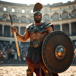 A powerful Roman gladiator standing tall in a classic amphitheater