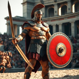 A powerful Roman gladiator standing tall in a classic amphitheater