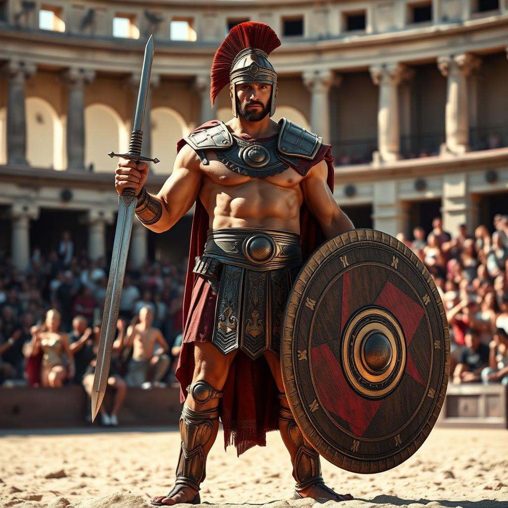 A powerful Roman gladiator standing tall in a classic amphitheater
