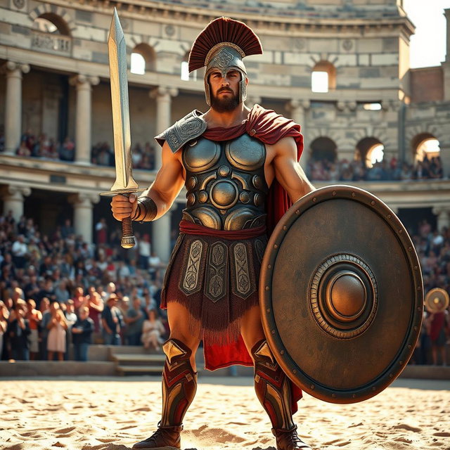 A powerful Roman gladiator standing tall in a classic amphitheater
