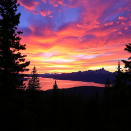 A breathtaking landscape featuring a magical sunset over a serene lake