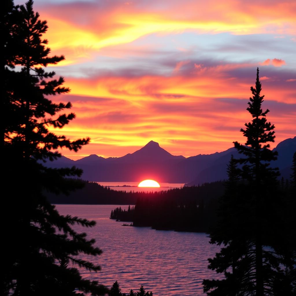 A breathtaking landscape featuring a magical sunset over a serene lake