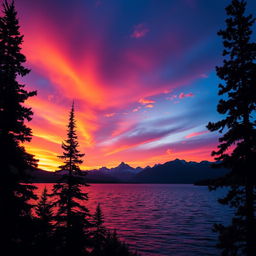 A breathtaking landscape featuring a magical sunset over a serene lake