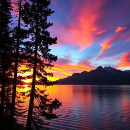 A breathtaking landscape featuring a magical sunset over a serene lake