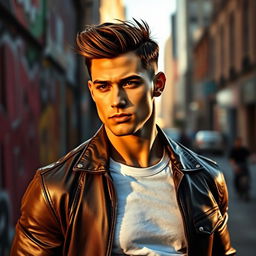 A portrait of a hot male model in a stylish urban setting