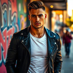 A portrait of a hot male model in a stylish urban setting