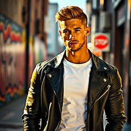 A portrait of a hot male model in a stylish urban setting