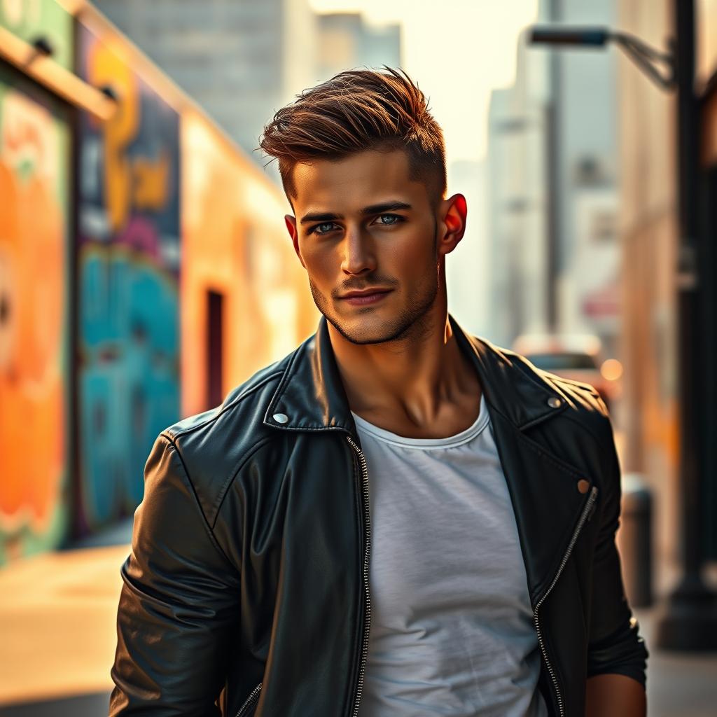 A portrait of a hot male model in a stylish urban setting