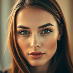 A close-up of a beautiful woman with captivating eyes and striking features, her lips skillfully edited to appear subtly fuller and perfectly shaped