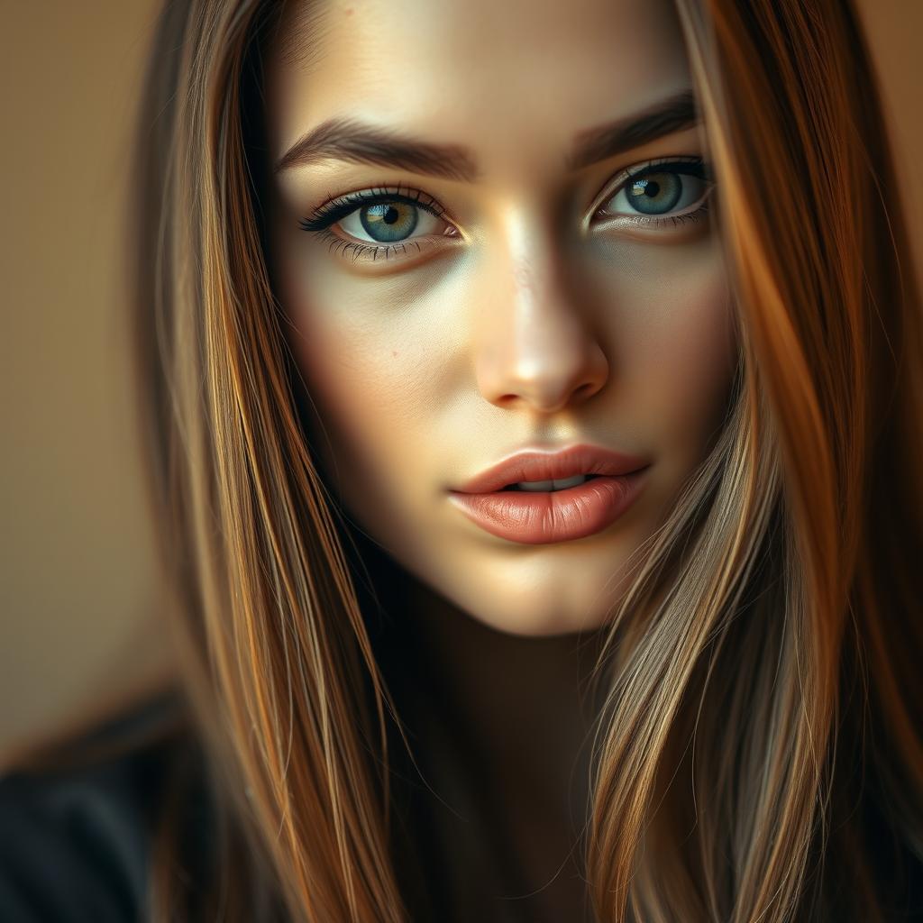 A close-up of a beautiful woman with captivating eyes and striking features, her lips skillfully edited to appear subtly fuller and perfectly shaped